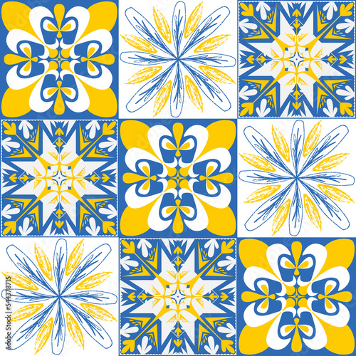 TalaVera de Puebla blue yellow ceramic tile, spanish pattern for ceramic tile design, vector illustration