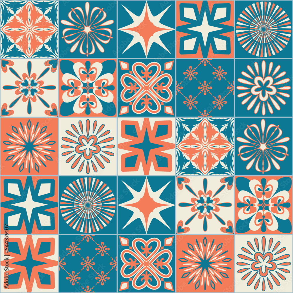 Ceramic tile with square patterns orange blue color, trendy patchwork vector Illustration