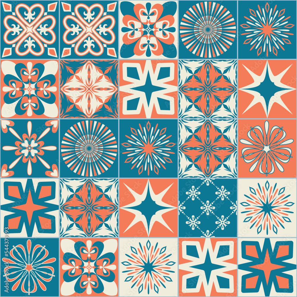 Square ceramic tiles in mediterranean style, orange blue pattern, symmetrical floral motif, vector illustration