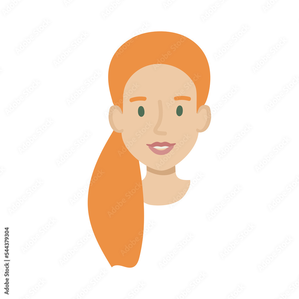 Girl face flat. Friendly young woman with long red hair in a ponytail. Hand drawn vector illustration.