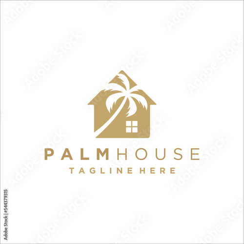house with palm tree logo vector, tropical beach home or hotel icon design with white background illustration
