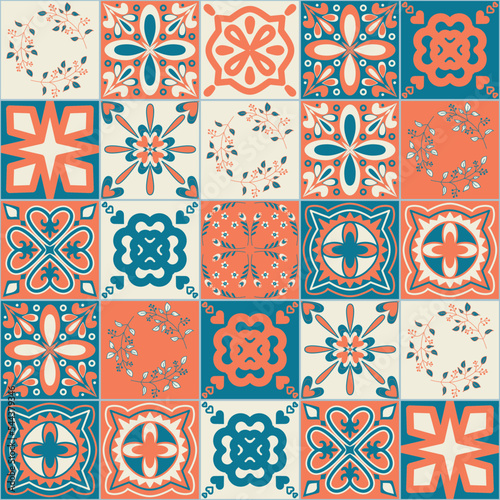 Square ceramic tiles in mediterranean style, orange blue pattern, symmetrical floral motif, vector illustration