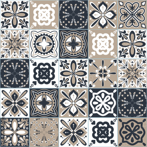 Azulejo spanish style ceramic tile design, graphite beige neutral color background for interior design