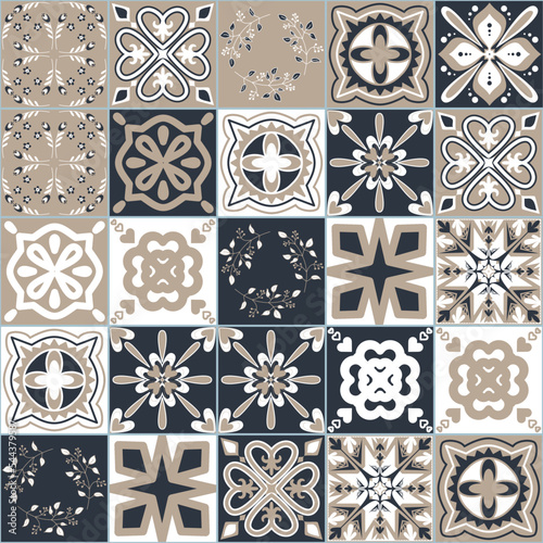 Azulejo spanish style ceramic tile design, graphite beige neutral color background vector illustration