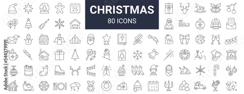 Set of 50 christmas outline icons. Holiday symbol. Line Xmas icons collection. Editable stroke