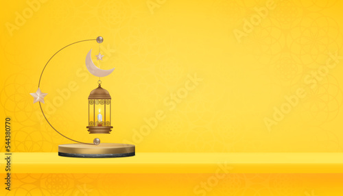 Islamic 3d Podium with Traditional islamic lantern,Crescent moon and star on yellow background,Vector banner Religion of Muslim Symbolic,Eid ul fitr,Ramadan Kareem,Eid al Adha,Eid Mubarak,Eid el kabir