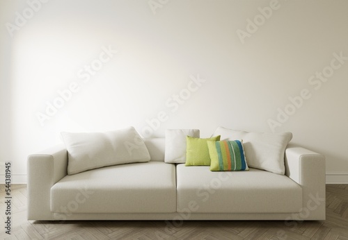 Light sofa in the interior, with free space on the wall. 3d rendering
