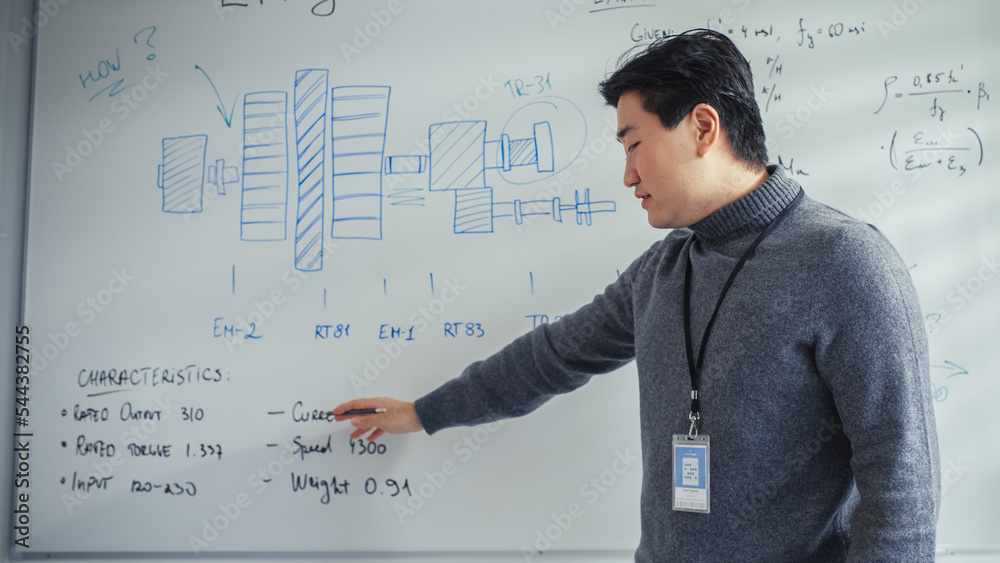 Portrait of Asian Professor Giving Speach at Online Conference. Using Whiteboard with Statistical Information Illustrating Solution Options on Video Call. E-Learning and Remote Education Concept.
