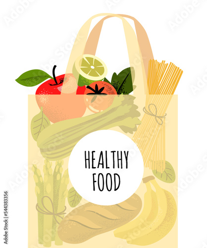 Organic products in package bag. Vegetables, bread, fruit