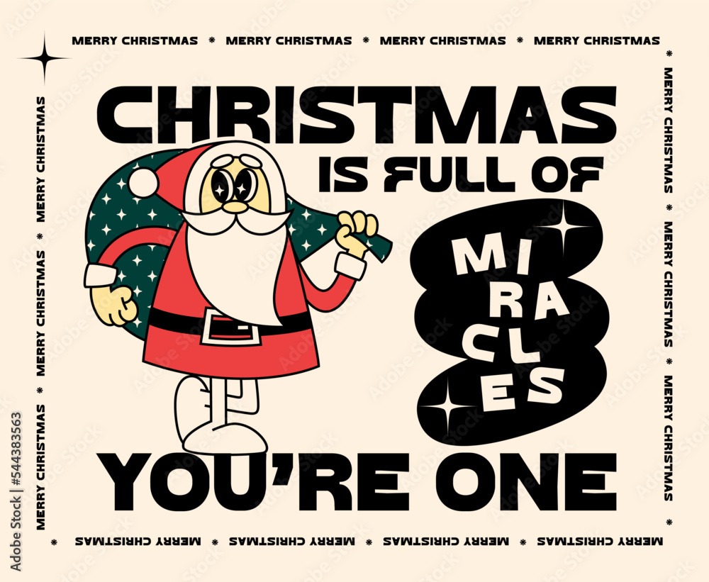 Retro Illustration with Santa Claus and Greeting Quote. Vector Character in Vintage Style. Christmas and New Year Poster