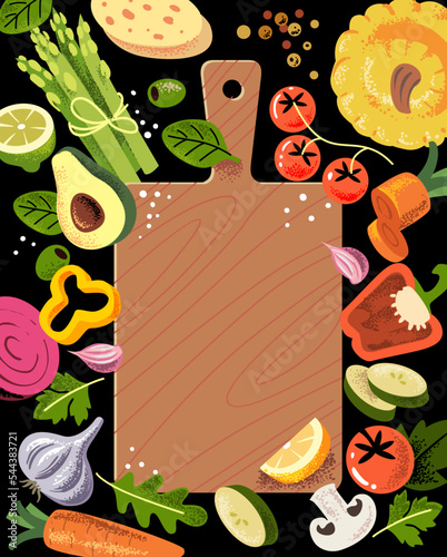 Cutting board and vegetables. Wood plate for prepare and cooking.