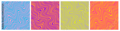 Psychedelic Seamless Patterns with Colorful Swirl Waves. Trippy Vector Texture. Groovy Vintage Backgrounds