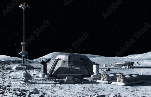 Fototapet Moon outpost colony, futuristic lunar surface with living modules