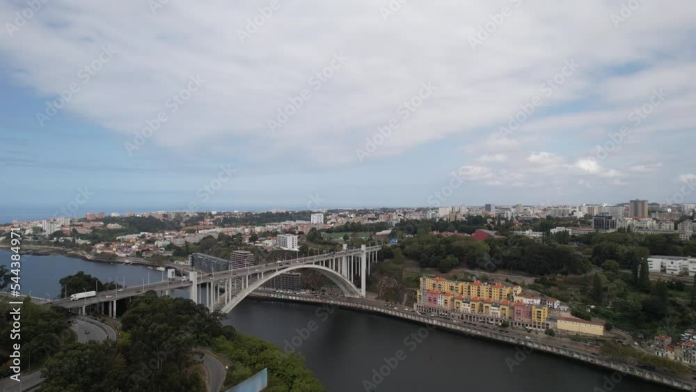 Aerial drone view of Porto Embankment over the river Douro and Arrabida white bridge Aerial drone view of Porto Embankment over the river Douro and Arrabida white bridge