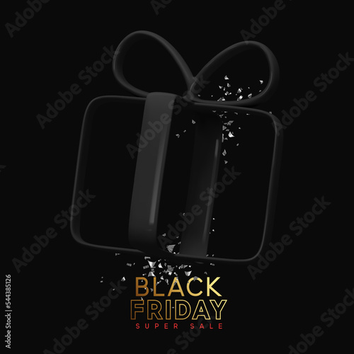 Black Friday Sale. Empty transparent gift box with black ribbon, silver glitter confetti. Advertising promo banner, poster, flyer and brochure. vector illustration