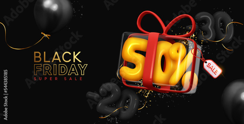 Black Friday Super Sale discount up to 20, 30, 50% percent. Realistic 3d design helium balloons, transparent glass gift box. Advertising promo banner, poster, flyer and brochure. Vector illustration