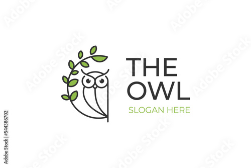 nature owl logo design line art style with plant or leaf decorated element icon design for your identity logo