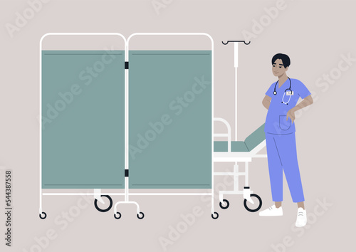 A hospital screen partition on wheels, a medical bed behind a room divider, a young doctor wearing a uniform