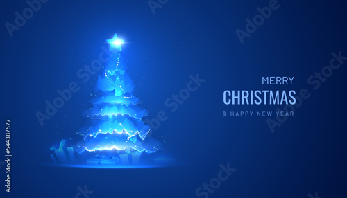 Christmas digital tree in a futuristic style. Abstract card for Happy New Year greetings. Tree in the form of a light effect for the concept of cyber technology