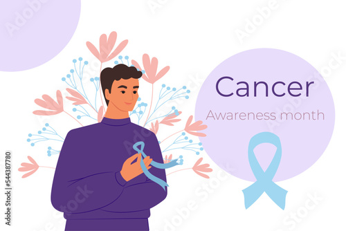 A young man is wearing a blue ribbon, a symbol of the fight against prostate cancer, vector banner in a flat style.