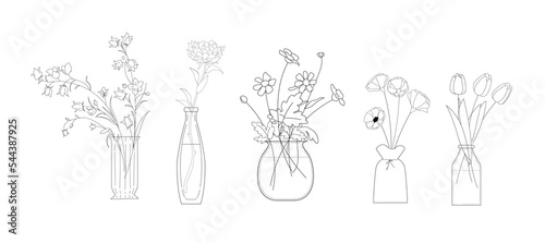 Set of wild Flowers line drawing vector art in a vase for decoration	 photo