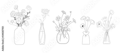 Set of Flowers line drawing vector art in a vase for decoration	