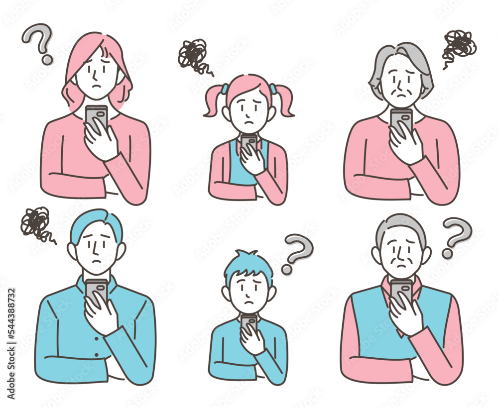Vector illustration of a family member looking at a smartphone and feeling distressed or doubtful. Vector illustration of a family member looking at a smartphone and feeling distressed or doubtful.