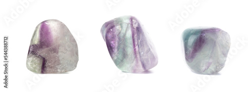 Set mineral natural semiprecious stone fluorite gemstone. Isolated on a white background. Geology. Dreen and violet