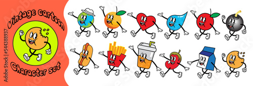 Vintage cartoon flat character set, flat vector illustration. Comic mascots with legs and hands in white gloves.