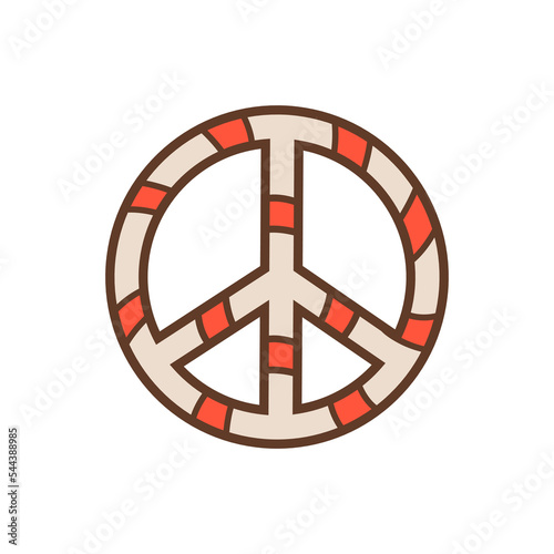 Christmas candy. Xmas hippie peace sign lollipop on stick. Sweet hard caramel. Festive sugar lolly. Flat vector illustration of glossy dessert isolated on white background.