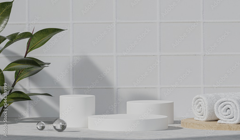 Fototapeta premium 3d background products display podium scene. background 3d rendering with podium. stand to show cosmetic products. Stage showcase on pedestal display white studio. 3d rendering illustration