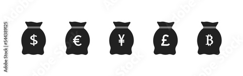 Bag of money vector icon set.  Money bag dollar, euro, pound, yen, bitcoin, symbol.  Set on a white background.  Simple style. 