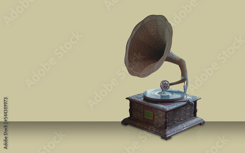 antique turntable on brown background, object, music, vintage, copy space