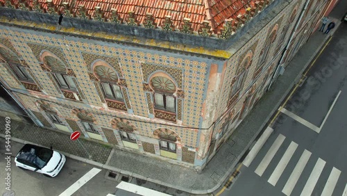 Drone aerial view of an Old Portuguese house in Porto decorated with tiles - traditional azulejo