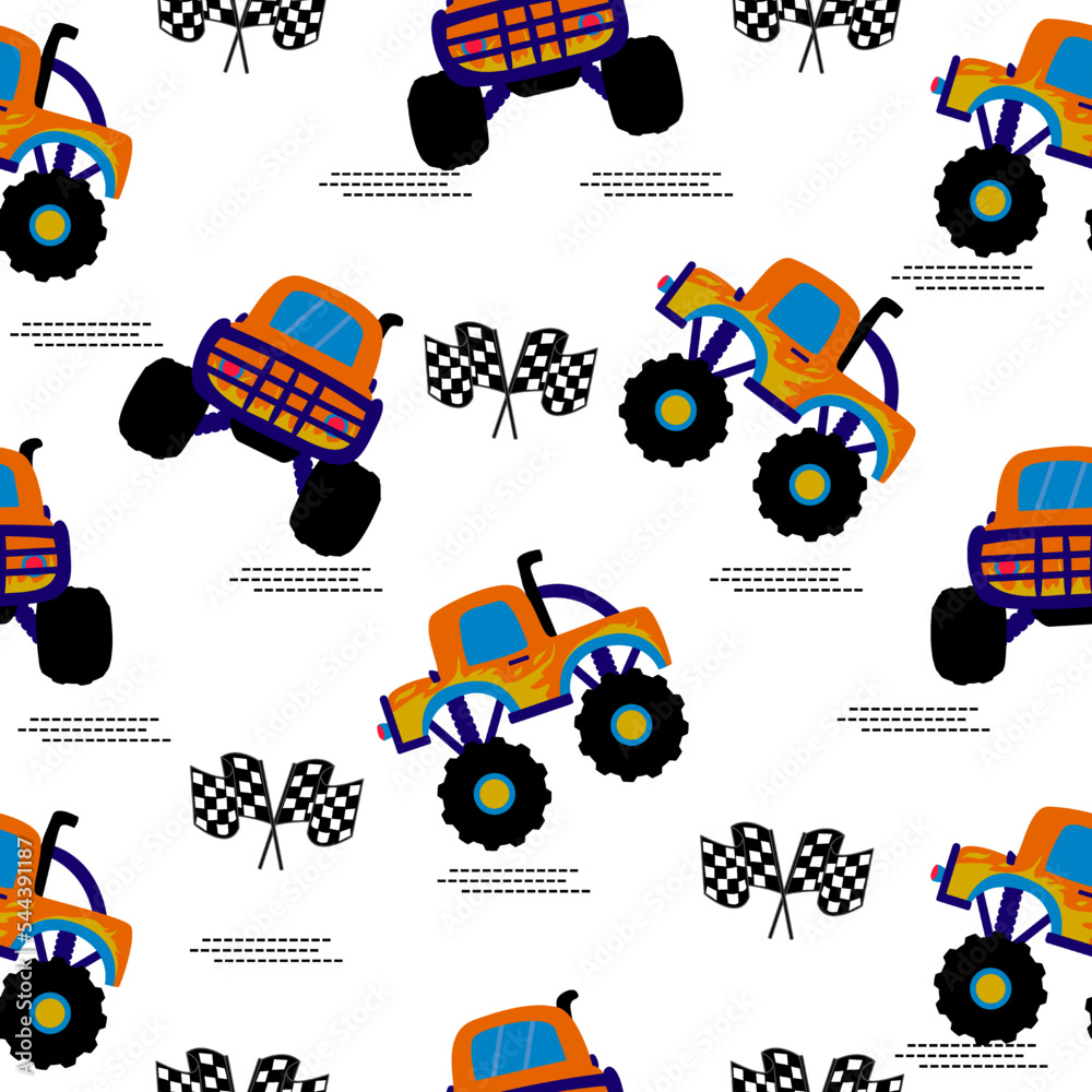 Monster truck  cartoon pattern design .monster truck pattern for kids clothing, printing, fabric ,cover. Monster car pattern.