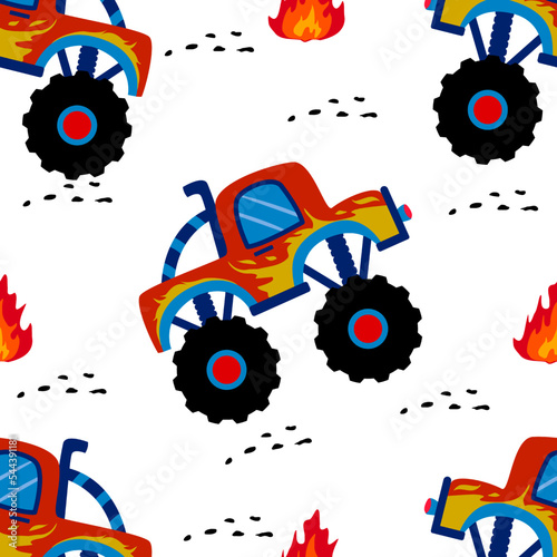 Monster truck  cartoon pattern design .monster truck pattern for kids clothing, printing, fabric ,cover. Monster car pattern.