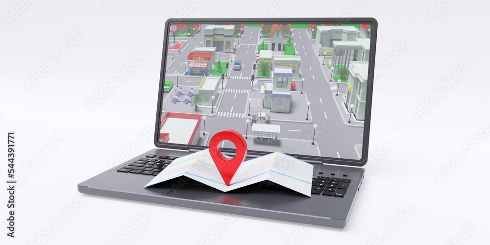 Navigation application. Computer laptop isolated on white. Pin on map with GPS location. Navigation application. Computer laptop isolated on white. Pin on map with GPS location.