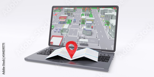 Navigation application. Computer laptop isolated on white. Pin on map with GPS location.