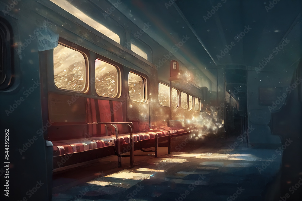 Digital illustration of an empty train carriage on a journey in winter. Inside of a train wagon with windows and golden sunset light coming in. Fantasy dreamy interior in a winter express train. - obrazy, fototapety, plakaty 