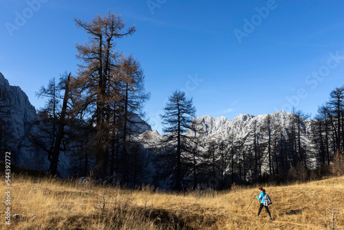Woman Hiker Hiking in Autumn High Mountains - European Alps Slovenia
