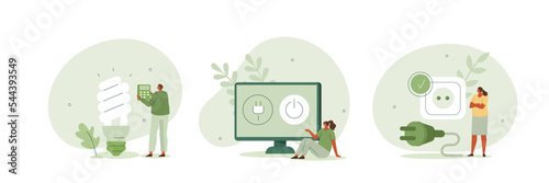 Sustainability illustration set. Characters reduce energy consumption at home, unplug appliances, use energy saving light bulb, switch device to standby mode. Power save concept. Vector illustration.