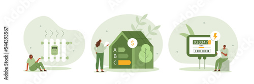Sustainability illustration set. Characters monitoring private electricity and central heating meter and calculating household utility bill. Home energy efficiency audit concept. Vector illustration.