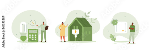 Sustainability illustration set. Energy consumption in household. Characters using energy efficient devices, paying less and saving money. Power save concept. Vector illustration. photo
