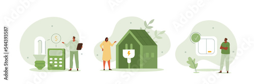 Sustainability illustration set. Energy consumption in household. Characters using energy efficient devices, paying less and saving money. Power save concept. Vector illustration.