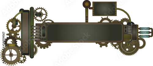 	
Colorful golden steampunk background and screen. Frame and vintage clock, flakon, bulb, cogs and gears. Vintage set