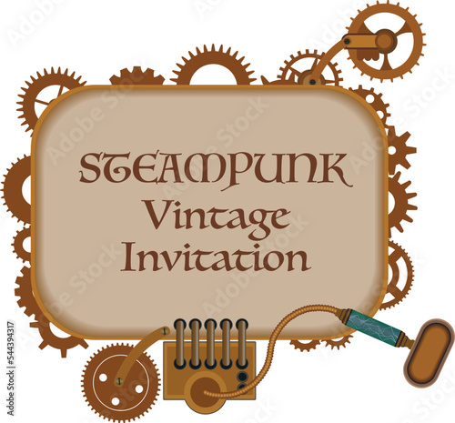 	
Colorful golden steampunk background and screen. Frame and vintage clock, flakon, bulb, cogs and gears. Vintage set