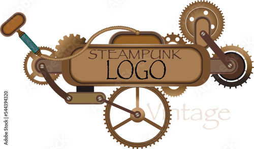 	
Colorful golden steampunk background and screen. Frame and vintage clock, flakon, bulb, cogs and gears. Vintage set