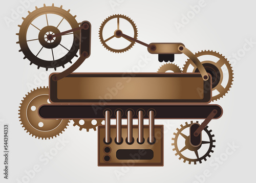 	
Colorful golden steampunk background and screen. Frame and vintage clock, flakon, bulb, cogs and gears. Vintage set