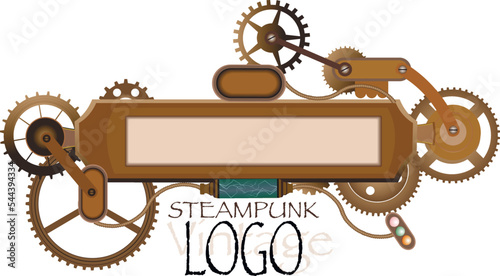 	
Colorful golden steampunk background and screen. Frame and vintage clock, flakon, bulb, cogs and gears. Vintage set