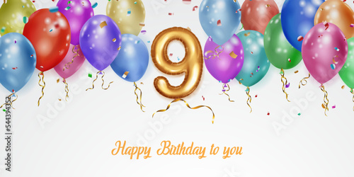 Festive birthday illustration with colored helium balloons, big number 9 golden foil balloon, flying shiny pieces of serpentine and inscription Happy Birthday on white background